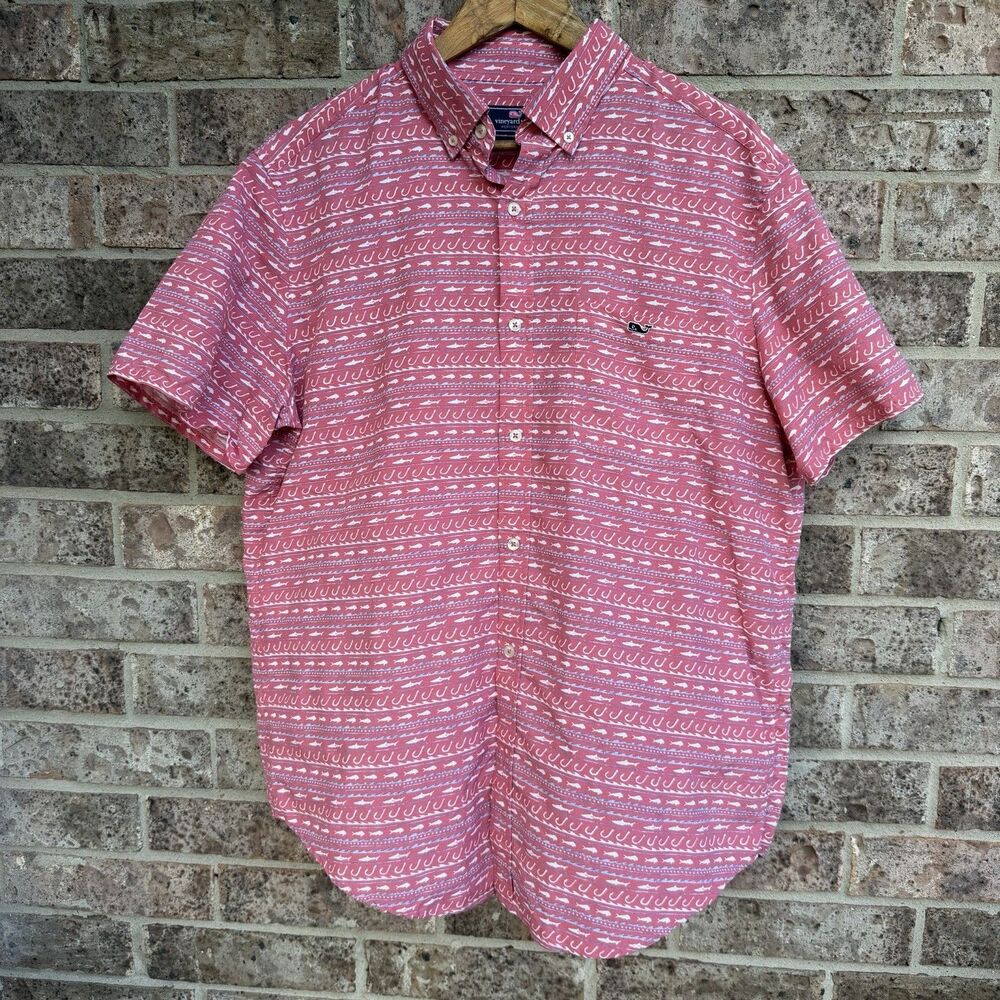 Vineyard Vines Classic Fit Tucker Shirt Men L Pink Fish Hook Shark Print SS